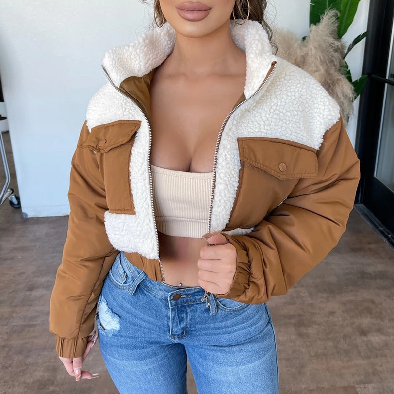 Ibeauty Top Sale Street Short Lamb Wool Stitched Zip Coat Women's Trench Coats Winter Coats for Ladies Women