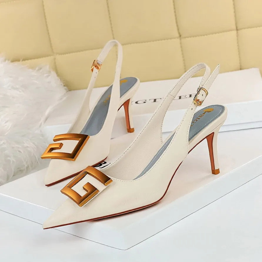 8999-5 High Heels Shoes for Women Shallow Pointed Hollow Back Metal Square Buckle Thin High Heel Sandals Heels for Ladies