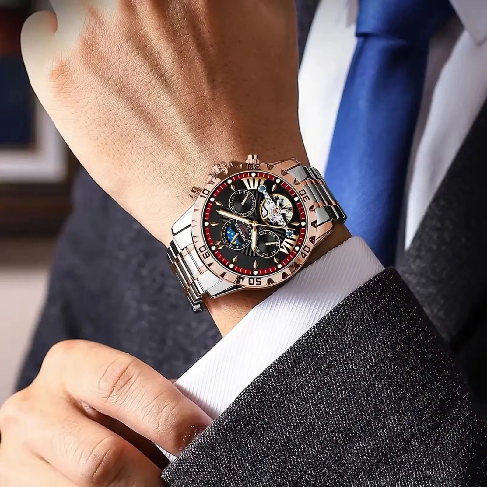 POEDAGAR 1410 Tourbillon Man Watch Waterproof Automatic Mechanical Watches for Men Luminous Multi-Function Men's Wrist Watches