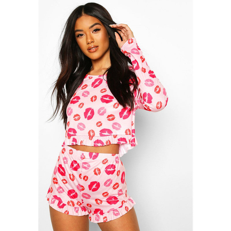 Valentine Pajama Pink Heart Pattern Adult Silk Sexy Pajamas Two Piece Set