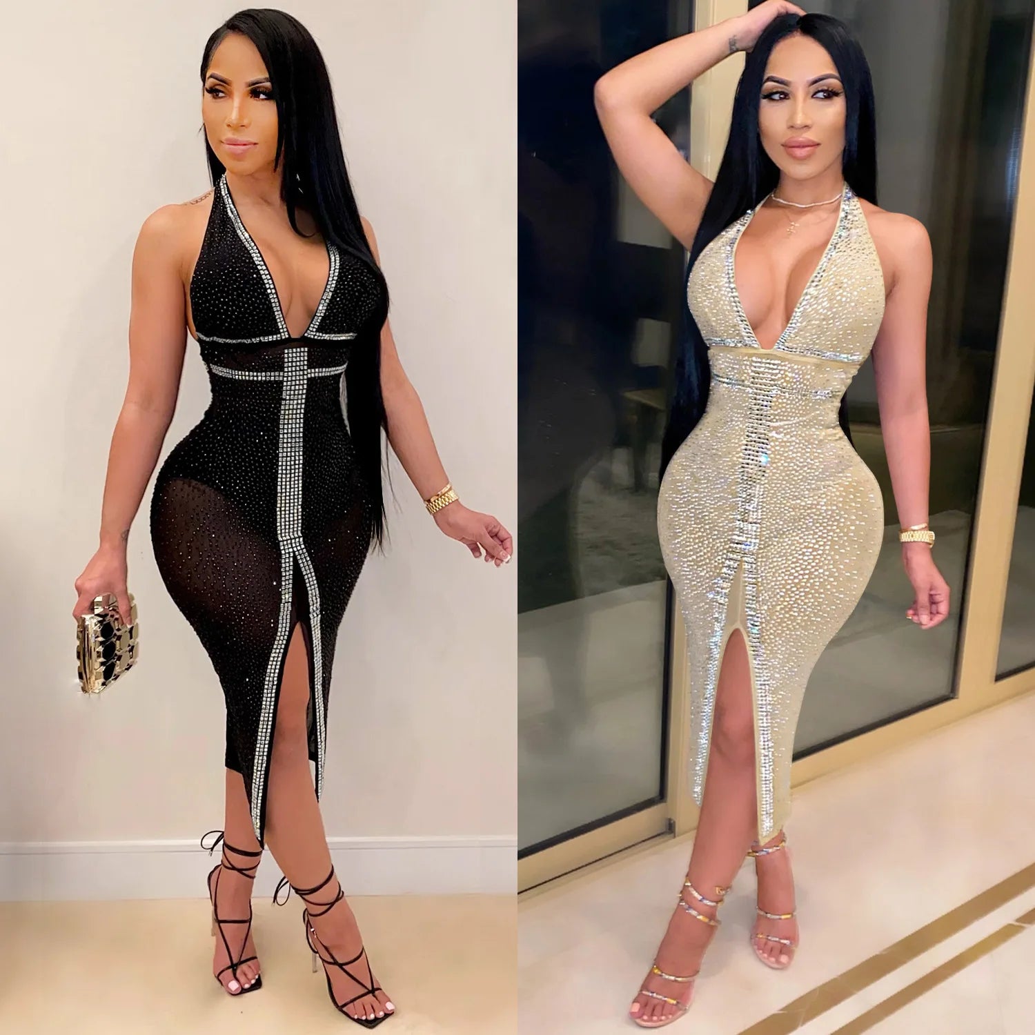 Casual Women Club Fashion Summer Sequin Evening Dresses Mesh Diamond Dress Plus Size Women's Dresses