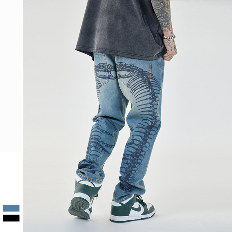 Retro Male High Street Stacked Jeans Retro  Blue Baggy Jeans Popular  Printing Wash  Designer Jean