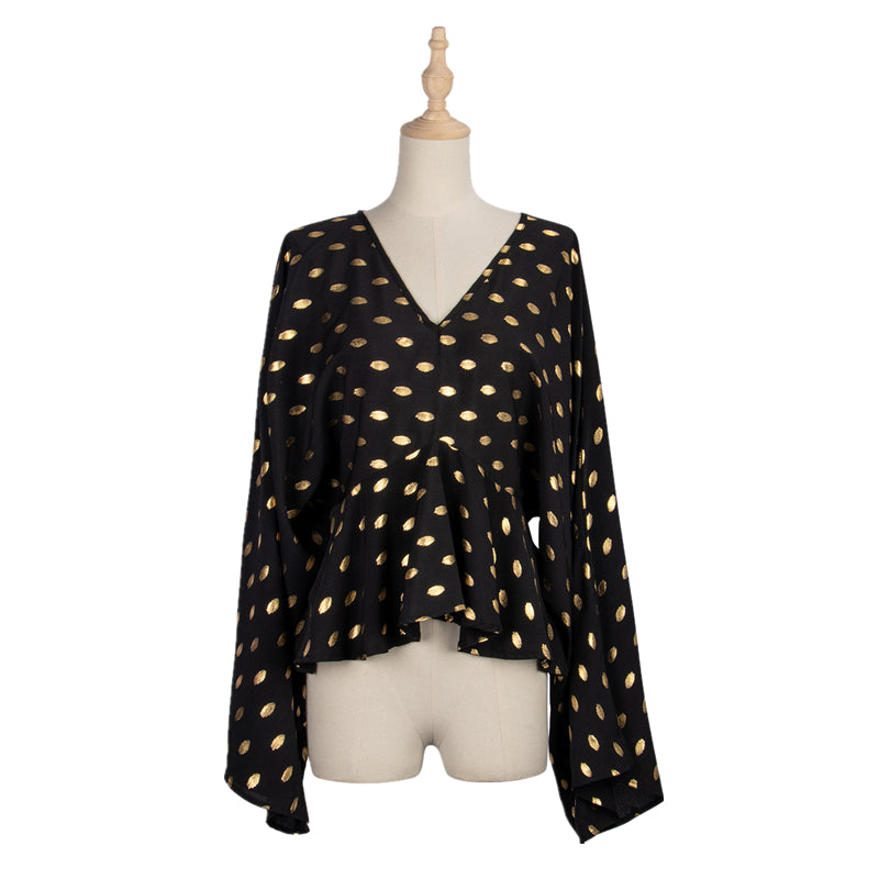 Ladies Blouse Gold Dot Printed Long Sleeve Women Tops Elegant Black Blouses Sexy Ruffle Shirt Top