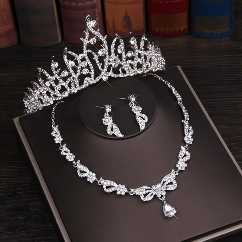 3PCS Rhinestone Crystal Butterfly Bridal Jewelry Sets Necklace Earring Tiara Set Wedding Hair Ornaments African Bead Jewelry Set