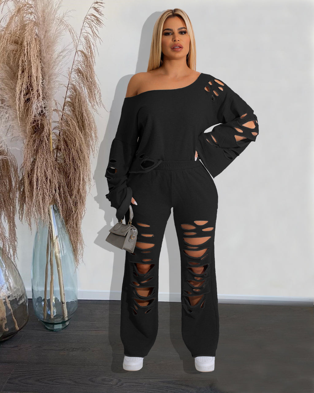 Trendy Women Clothes Women Outfits Elegant Cutout Holed Women's Set Long Sleeve Sweatshirt and Jogger Pants Set Cotton Adults - My Store