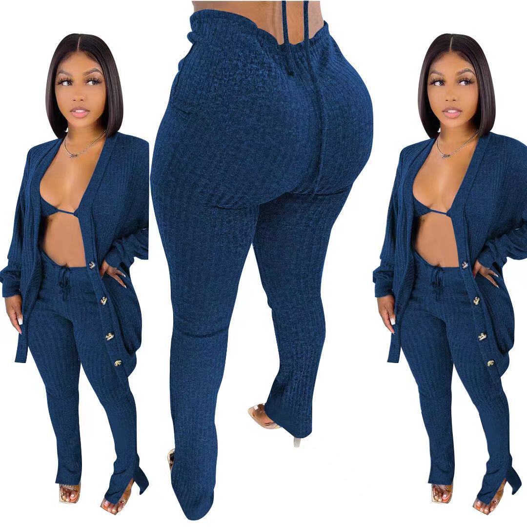 3 Piece Pants Set Winter Outfits for Women Yoga Bra Button Down Shirt and Split Pants Rib Knit Cotton Pant Set Womens Clothing