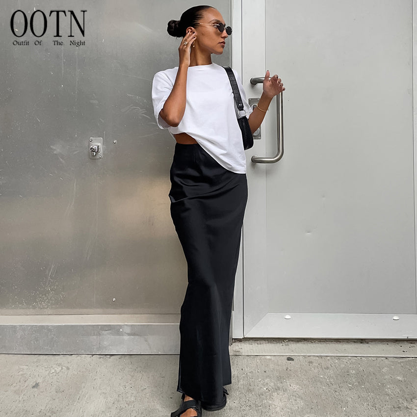 OOTN Fashion Slim High Waist Skirts Women Female Solid Office Long Skirt Spring Summer Elegant Satin Black Trumpet Skirts