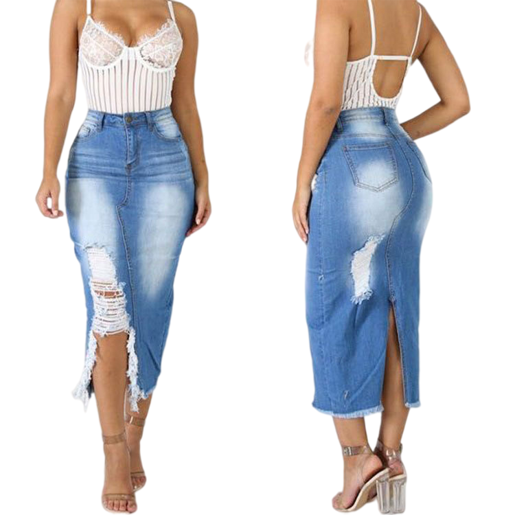 Wholesale New Arrival Mid-Length Denim Skirts Pencil Skirt Bodycon Waist Wrap Hollow Out Long Denim Skirts