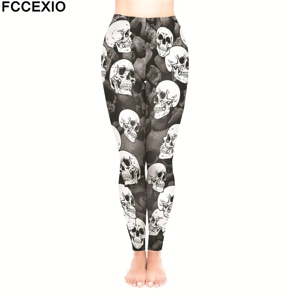 FCCEXIO New Brand 3D Printed Retro Bones Black Skeleton Sexy Women Casual Punk Rock Leggins High Waist Pants Fitness Leggings