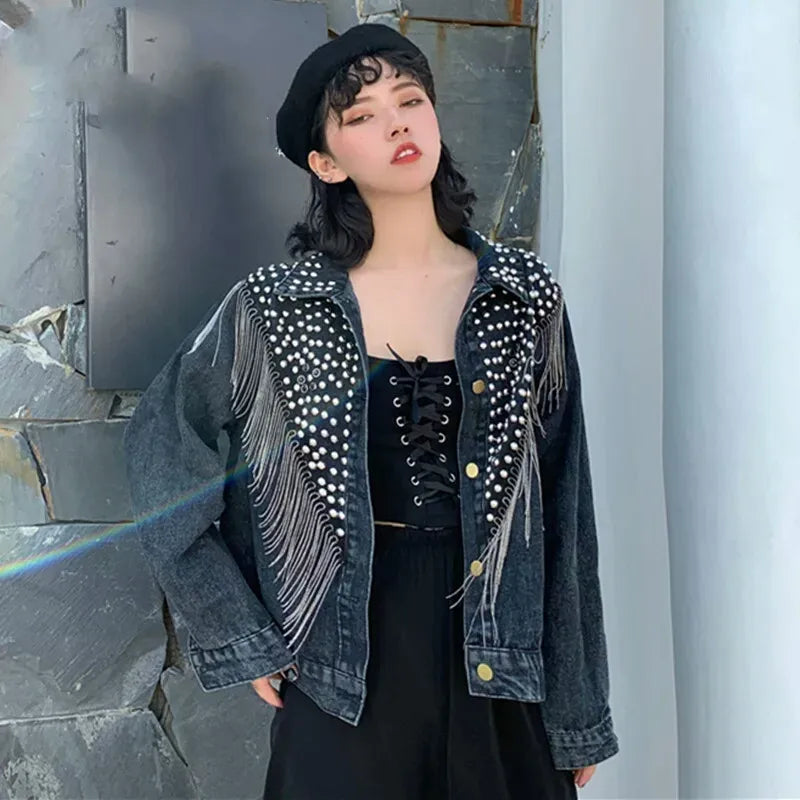 Autumn Denim Jacket Coat Women Rivet Tassel Chain Short Coats Woman Loose Streetwear Long Sleeve Black Coats Outerwear
