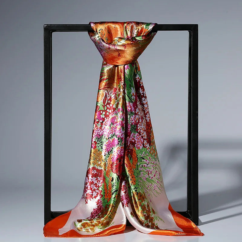 90cm Fashion Silk Satin Scarf for Women Headband Floral Print Kerchief Hijab Scarves Fermale Square Shawls and Wraps Neck Scarfs