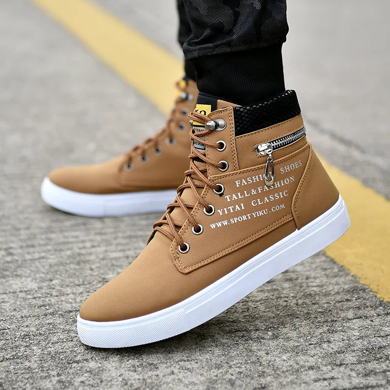 Spring Autumn High Top Men's Shoes Leather Men's Casual Sneaker Shoes Lace-Up Wild Platform Sneakers Flat Vulcanized Shoes