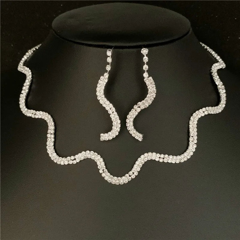 Sexy Wave Bridal Choker Jewelry Set Silver Plated Rhinestone Crystal Necklace Earrings Women Wedding Jewerlry Set