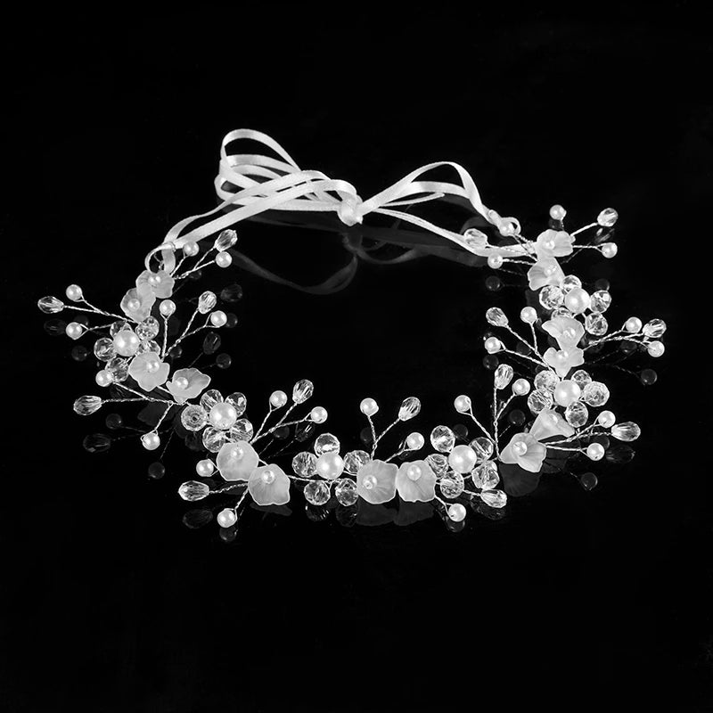 Elegant Bridal Wedding Hair Accessories Crystal Pearl Flower Girl Headband Ribbon Headpiece Hair Jewelry Accessories