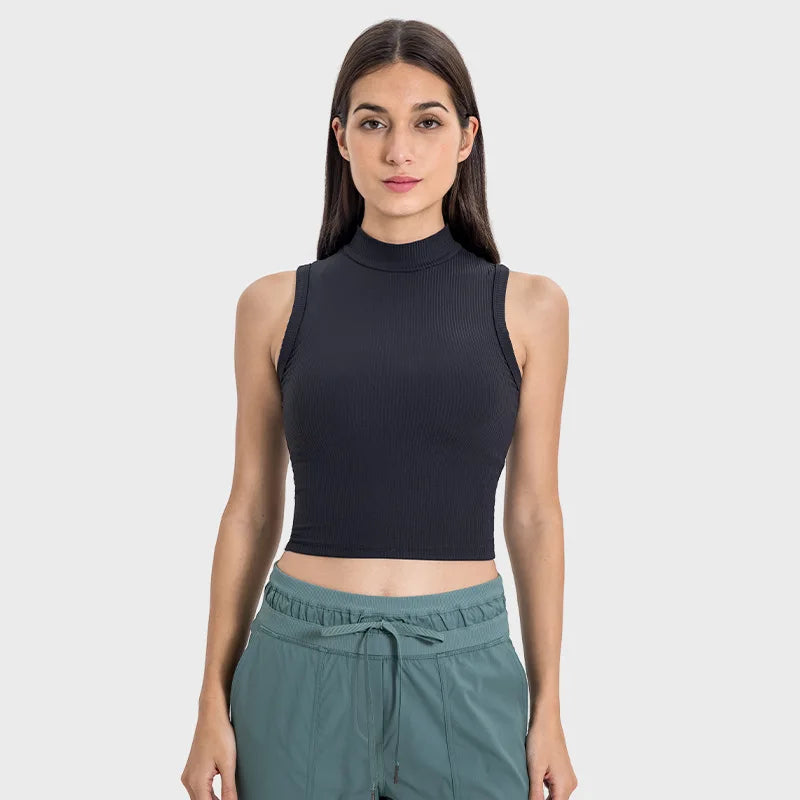 Xsunwing Sports Crop Tank Tops Women Seamless Ribbed Activewear Round High Neck Workout Crop Top Casual Yoga Gym Vest WDQ102