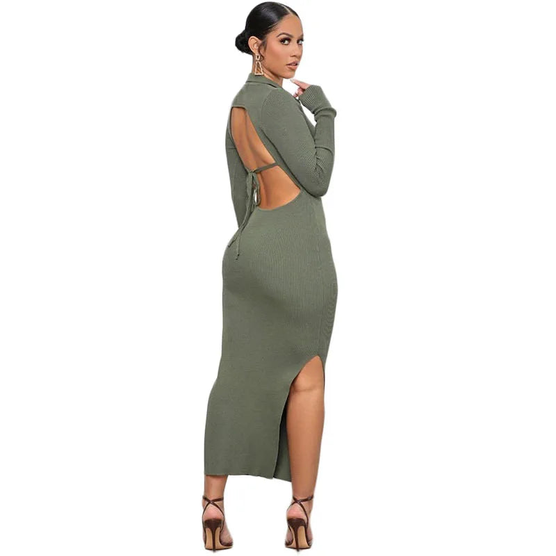 2022 Hot Sell Summer v Neck Bodycon Casual Backless Dresses Elegant Sexy Long Sleeve Dress for Women - My Store