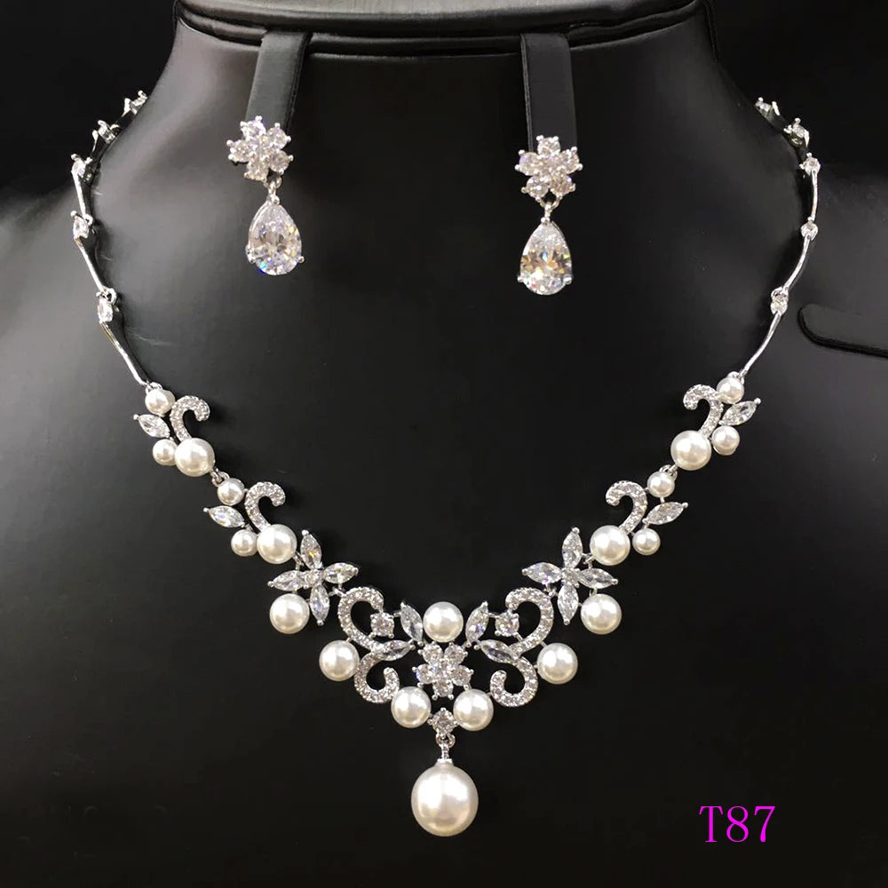 Xuping Rhodium Plated Fashion Design Women Wedding Jewellery Zircons Two Pieces Pearl Jewelry Set