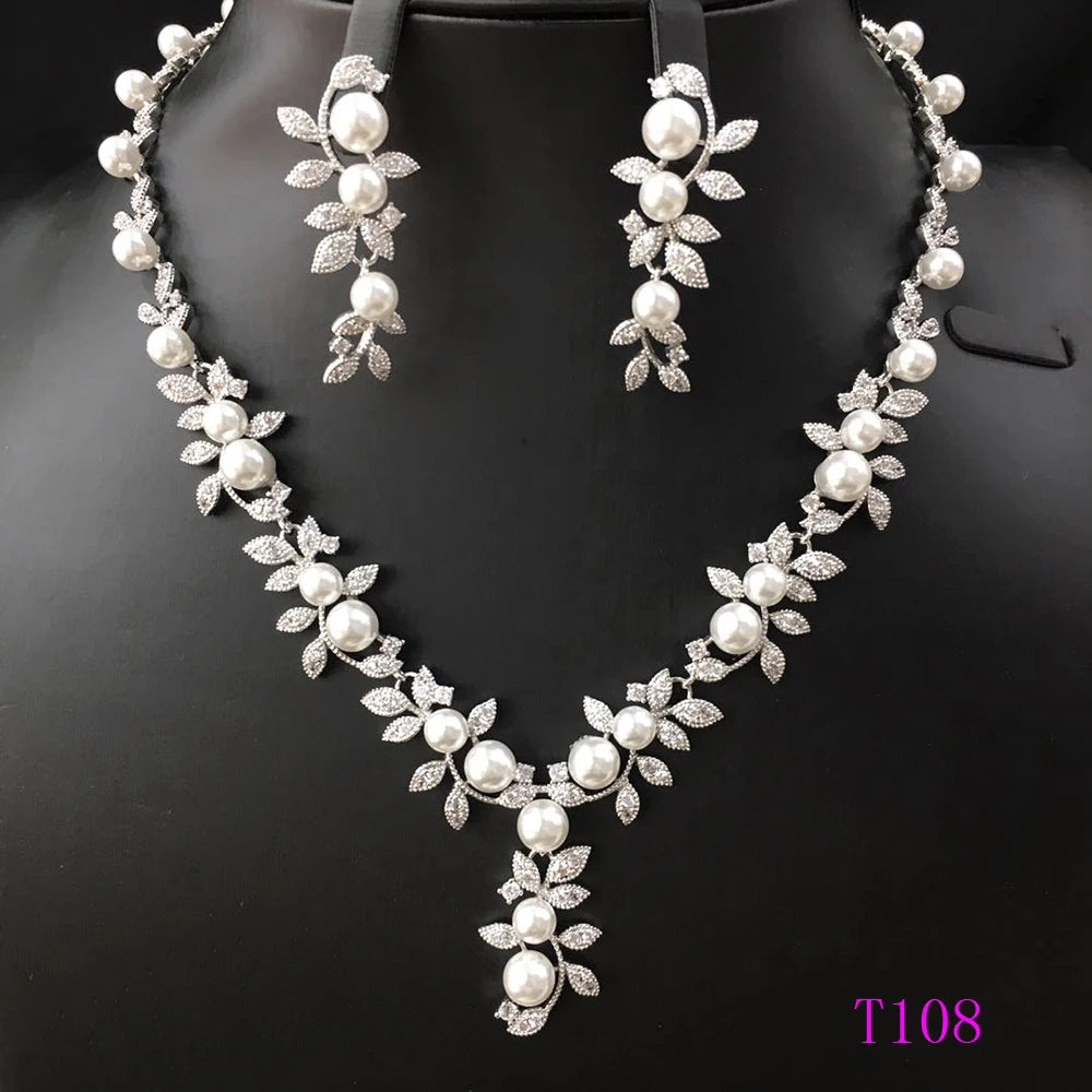 Xuping Rhodium Plated Fashion Design Women Wedding Jewellery Zircons Two Pieces Pearl Jewelry Set