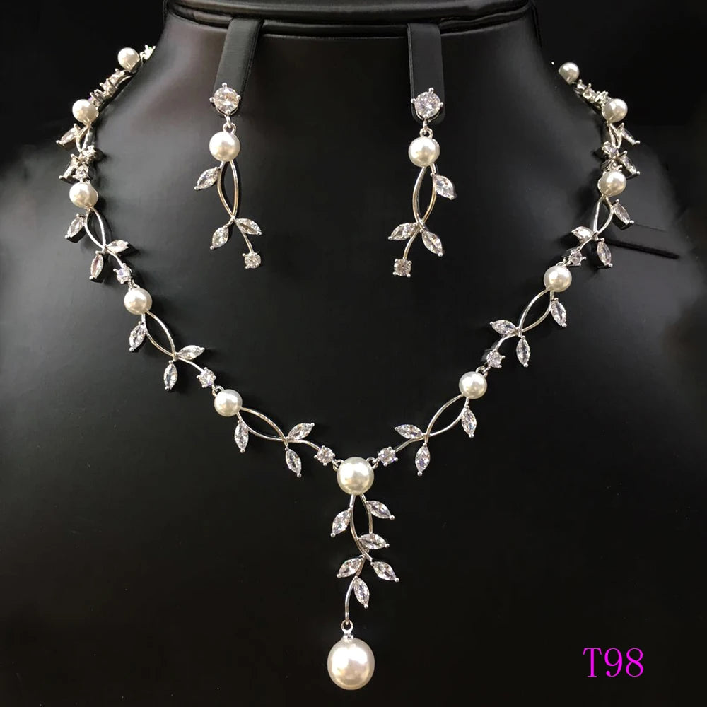 Xuping Rhodium Plated Fashion Design Women Wedding Jewellery Zircons Two Pieces Pearl Jewelry Set