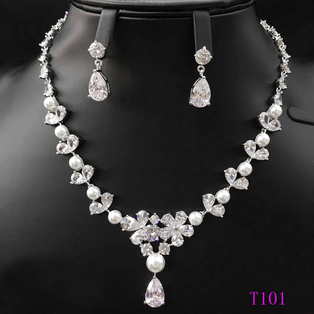 Xuping Rhodium Plated Fashion Design Women Wedding Jewellery Zircons Two Pieces Pearl Jewelry Set
