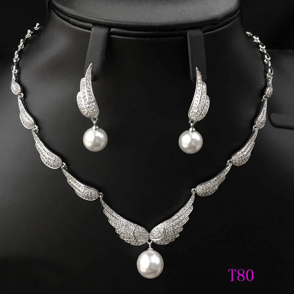 Xuping Rhodium Plated Fashion Design Women Wedding Jewellery Zircons Two Pieces Pearl Jewelry Set