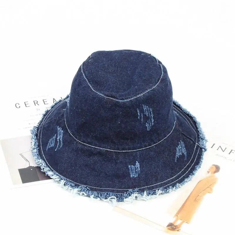 Solid Denim Retro Bucket Hat Fisherman Hat Outdoor Travel Hat Sun Cap Hats for Girl and Women 275