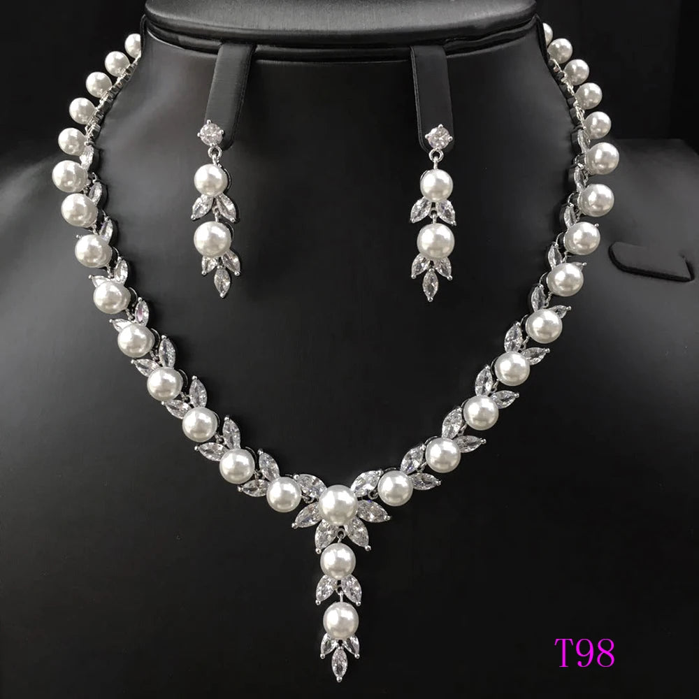 Xuping Rhodium Plated Fashion Design Women Wedding Jewellery Zircons Two Pieces Pearl Jewelry Set