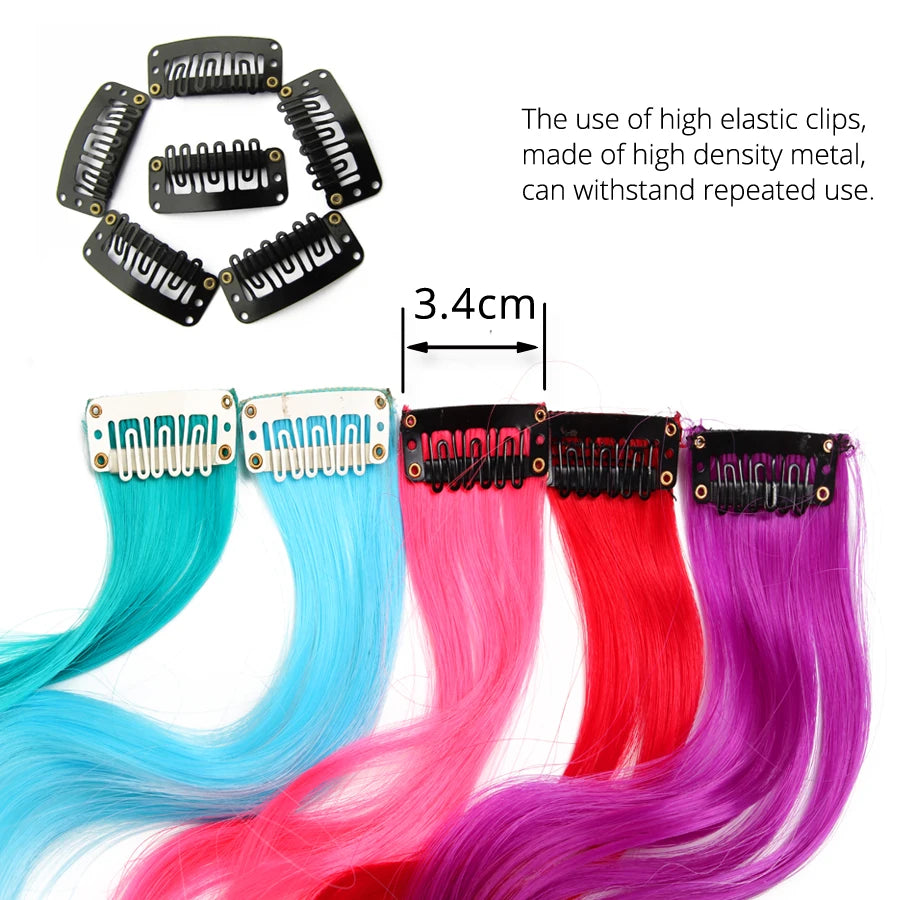 Party Hair Extensions Body Wave Ombre Hairpiece Synthetic Fiber Straight Strands Hair on Hairpins Rainbow Blend in Your Hair