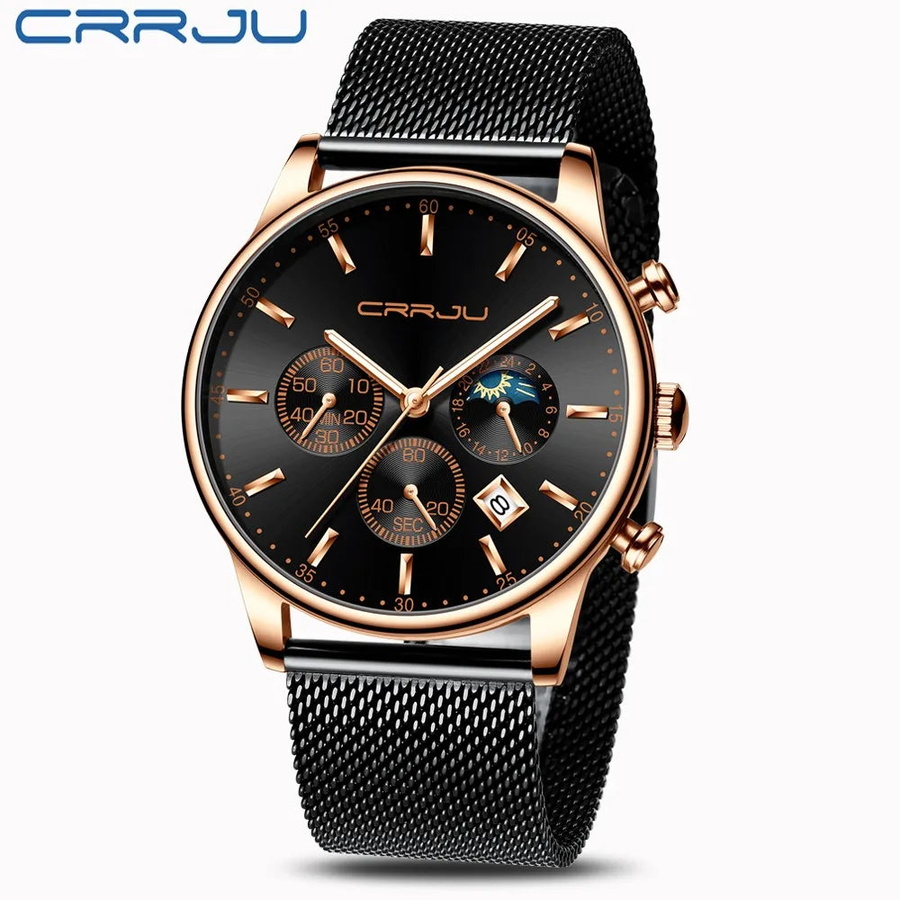 Relogio Masculino CRRJU Luxury Quartz Watch for Men Blue Dial Watches Sport Watches Chronograph Clock Mesh Belt Wrist Watch