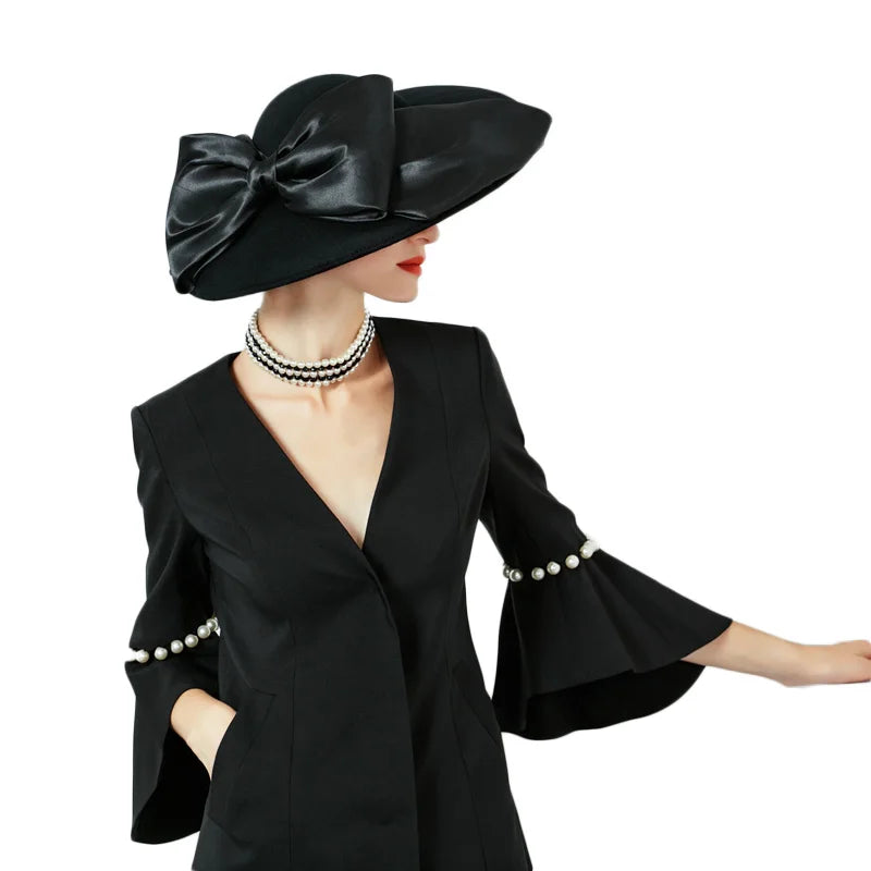 FS Women Black Hat Large Wide Brim Wool Felt Fedoras Hats Winter Church Hat for Wedding Bowler Cloche Hats Derby Sombrero Mujer