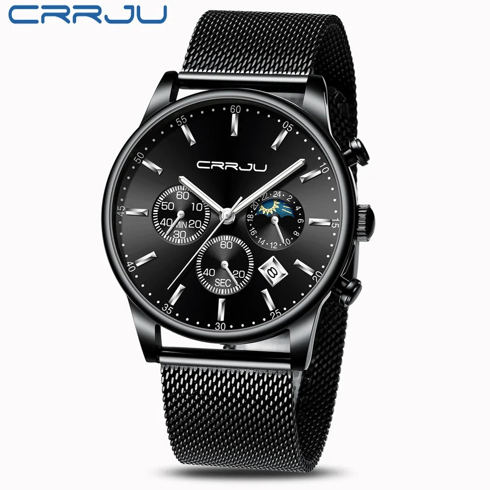 Relogio Masculino CRRJU Luxury Quartz Watch for Men Blue Dial Watches Sport Watches Chronograph Clock Mesh Belt Wrist Watch