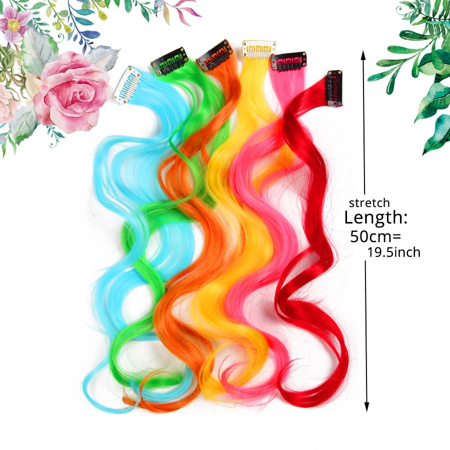 Party Hair Extensions Body Wave Ombre Hairpiece Synthetic Fiber Straight Strands Hair on Hairpins Rainbow Blend in Your Hair