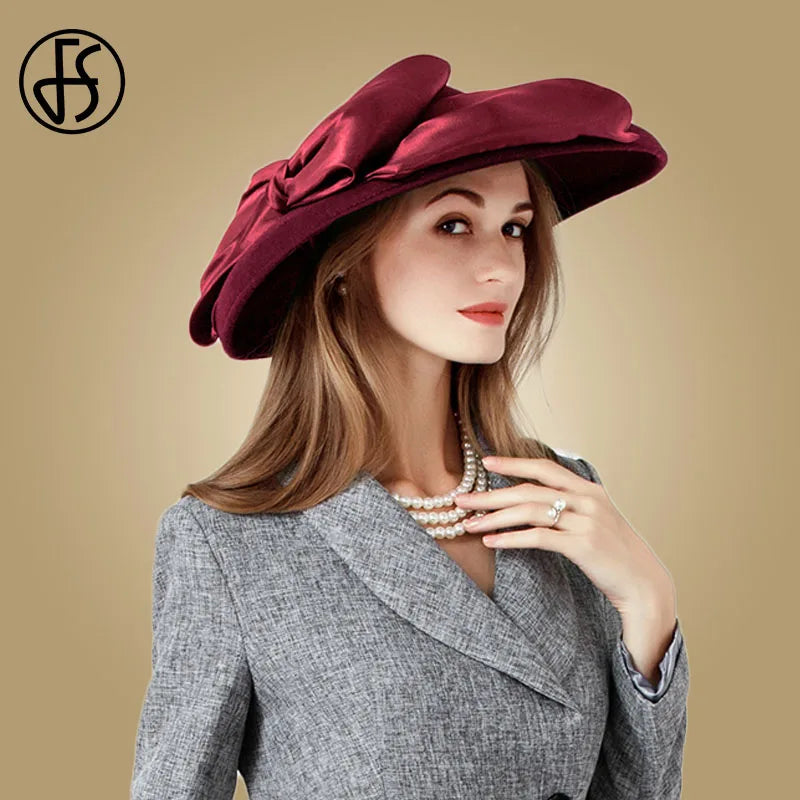 FS Women Black Hat Large Wide Brim Wool Felt Fedoras Hats Winter Church Hat for Wedding Bowler Cloche Hats Derby Sombrero Mujer