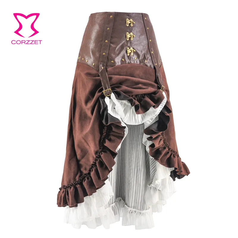 Steampunk Skirt Women Sexy Brown Leather Long Asymmetrical Ruffle Medieval Victorian Gothic Punk Skirts Lolita Ladies Skirts