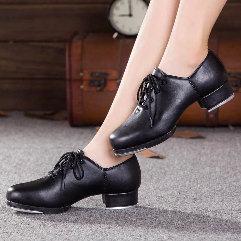 Genuine Leather Adult Tap Dance Shoes Men Women Kicked Shoes Sports Leather Soft Bottom High-Impact Aluminum Plate Black Shoe