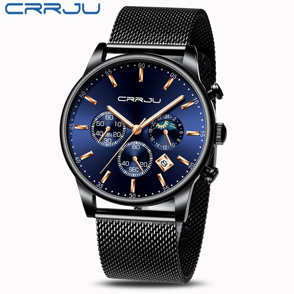 Relogio Masculino CRRJU Luxury Quartz Watch for Men Blue Dial Watches Sport Watches Chronograph Clock Mesh Belt Wrist Watch