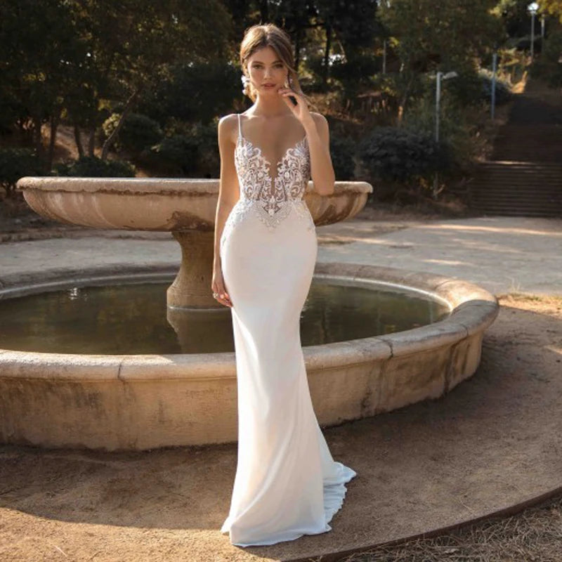 LORIE Sexy Mermaid Wedding Dresses 2020 Spaghetti Straps Appliques Lace Beach Bride Dress Backless Boho Wedding Gown - My Store