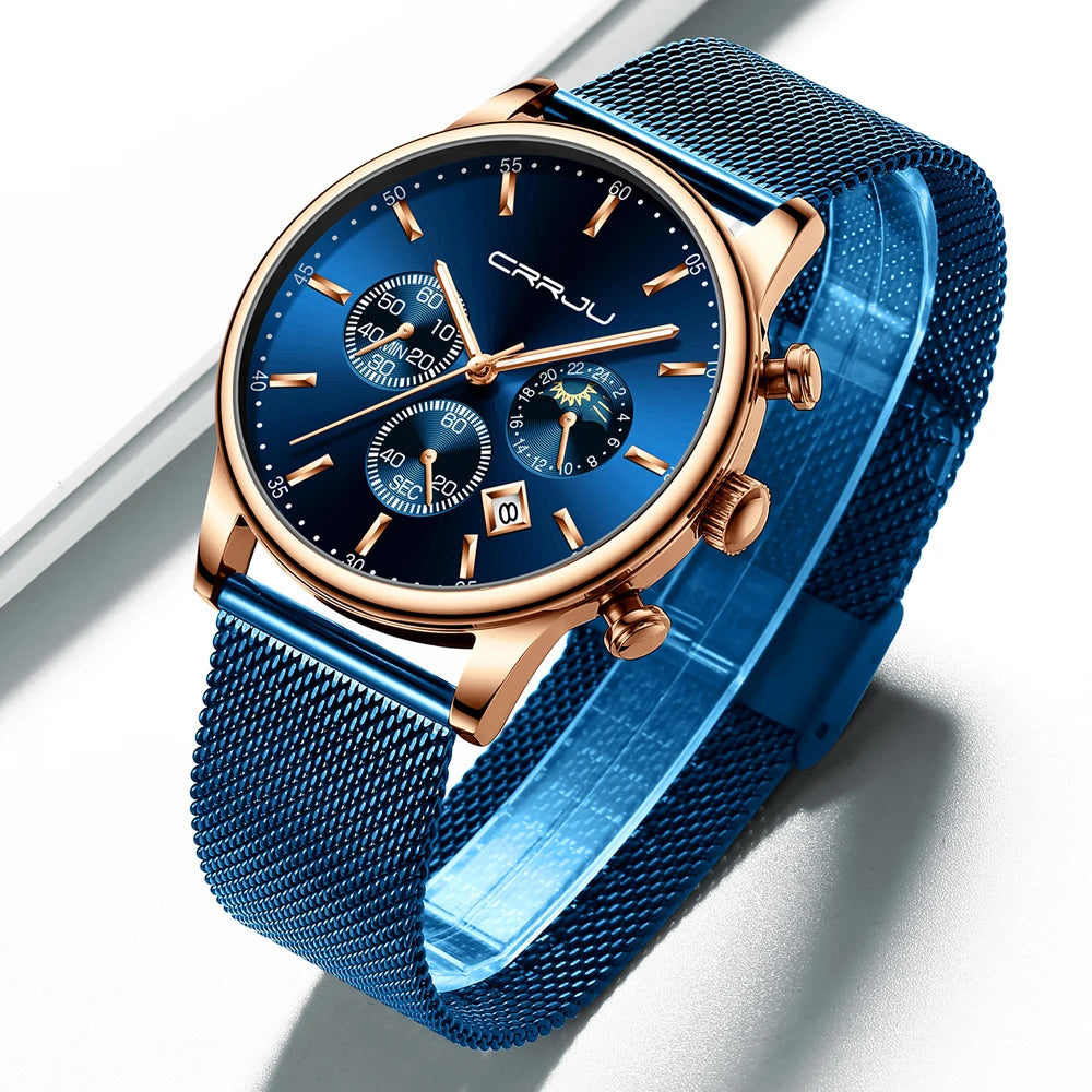 Relogio Masculino CRRJU Luxury Quartz Watch for Men Blue Dial Watches Sport Watches Chronograph Clock Mesh Belt Wrist Watch