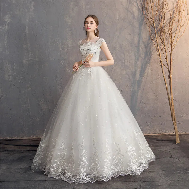 Ezkuntza 2024 Diamond Wedding Dress O-Neck Beading Ball Gown Simple Cheap Wedding Dresses Princess Vintage Wedding Customized - My Store