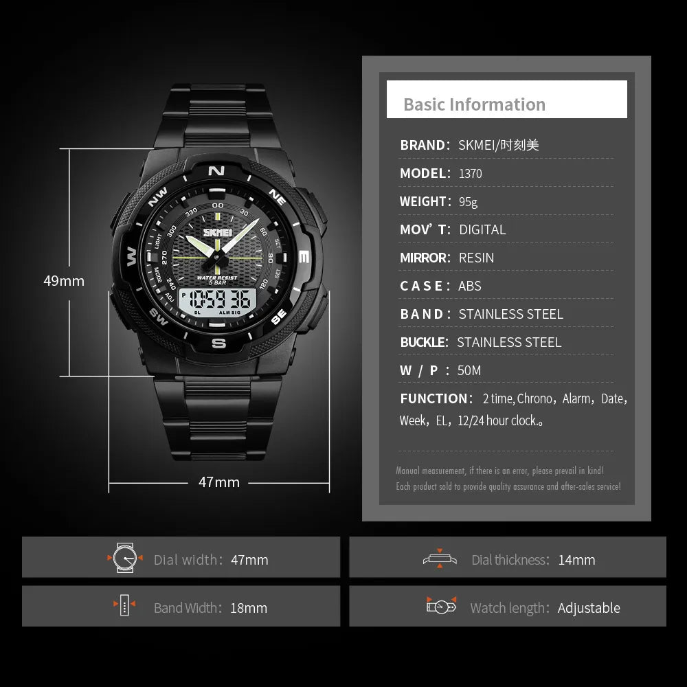 SKMEI 1370 Men Watch Fashion Quartz Sports Watches Stainless Steel Strap Men Watches Top Luxury Business Waterproof Wrist Watch