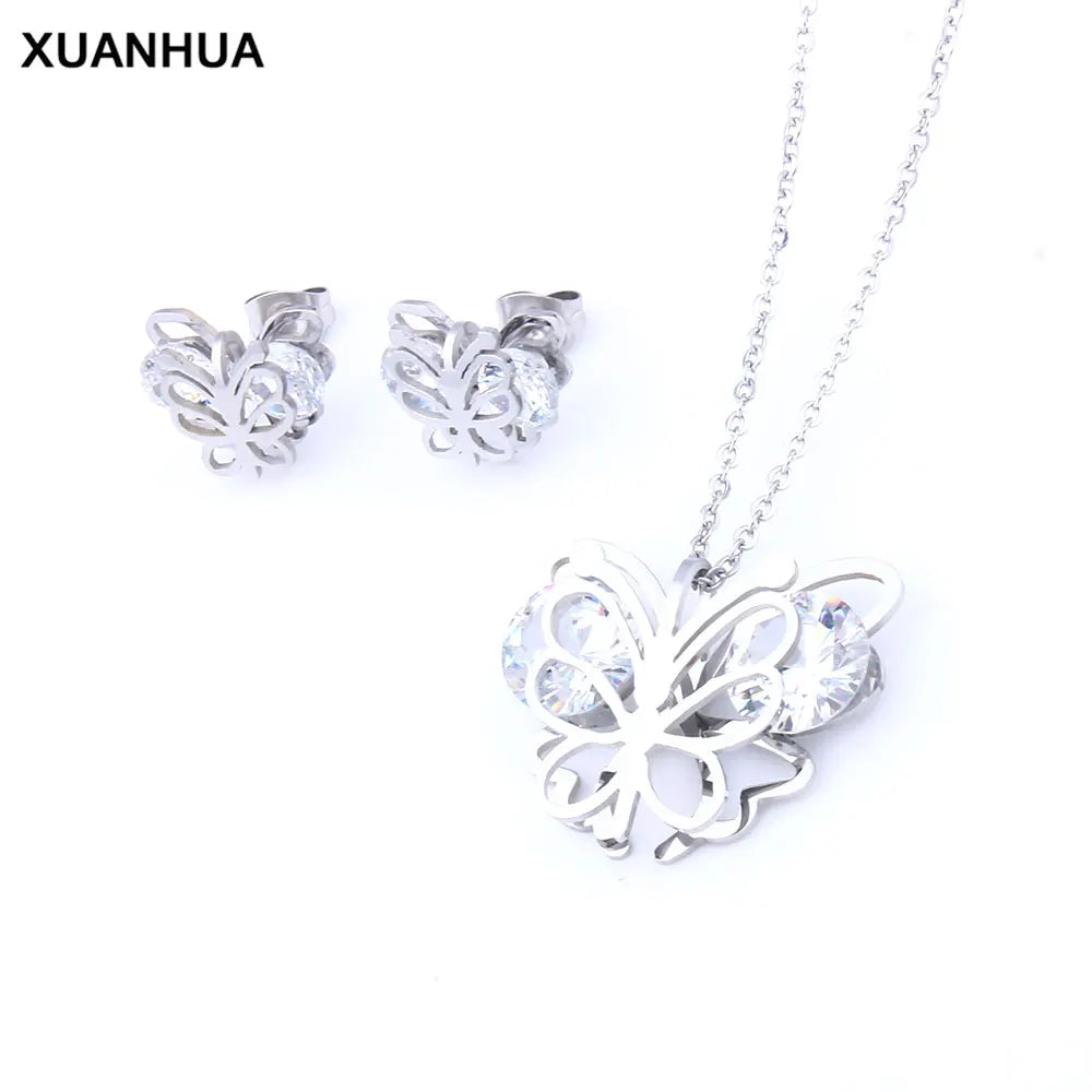 XUANHUA Butterfly Jewelry Sets Zirconia Stainless Steel Jewelry Woman Earring Necklace Sets Gifts for Women Fashion Jewellery