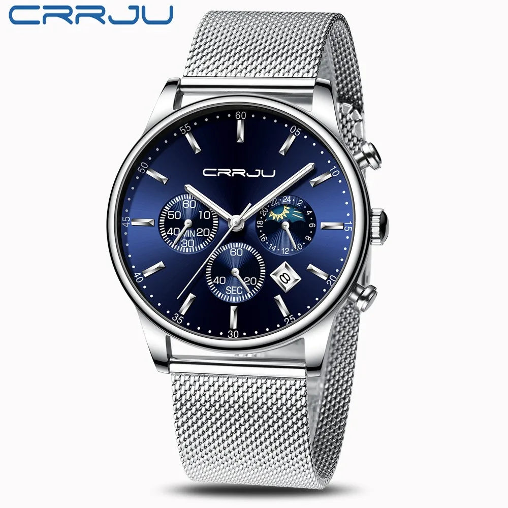 Relogio Masculino CRRJU Luxury Quartz Watch for Men Blue Dial Watches Sport Watches Chronograph Clock Mesh Belt Wrist Watch