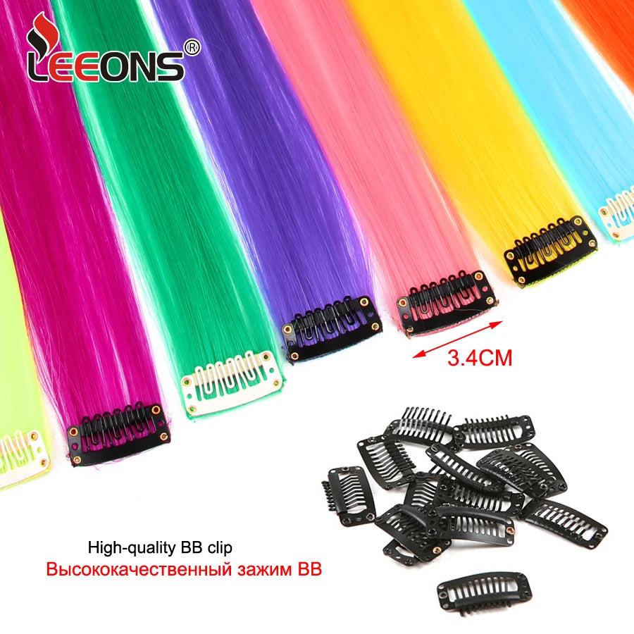 Leeons Clip in One Pieces Hair Extensions Straight Ombre Purple Blue Pink Extension Hair Women Synthetic False Fake Hair