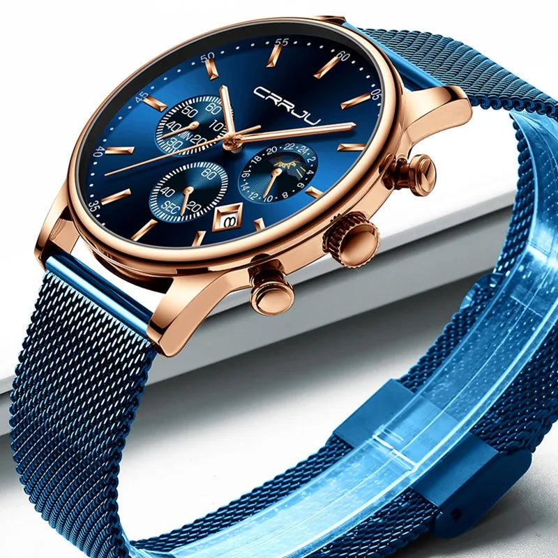 Relogio Masculino CRRJU Luxury Quartz Watch for Men Blue Dial Watches Sport Watches Chronograph Clock Mesh Belt Wrist Watch