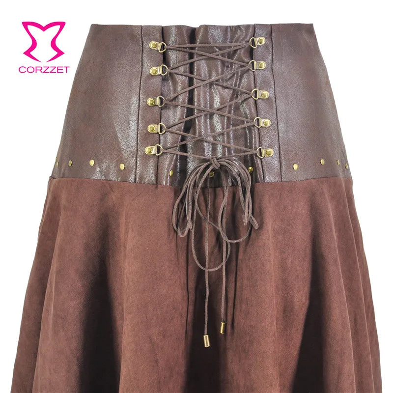 Steampunk Skirt Women Sexy Brown Leather Long Asymmetrical Ruffle Medieval Victorian Gothic Punk Skirts Lolita Ladies Skirts