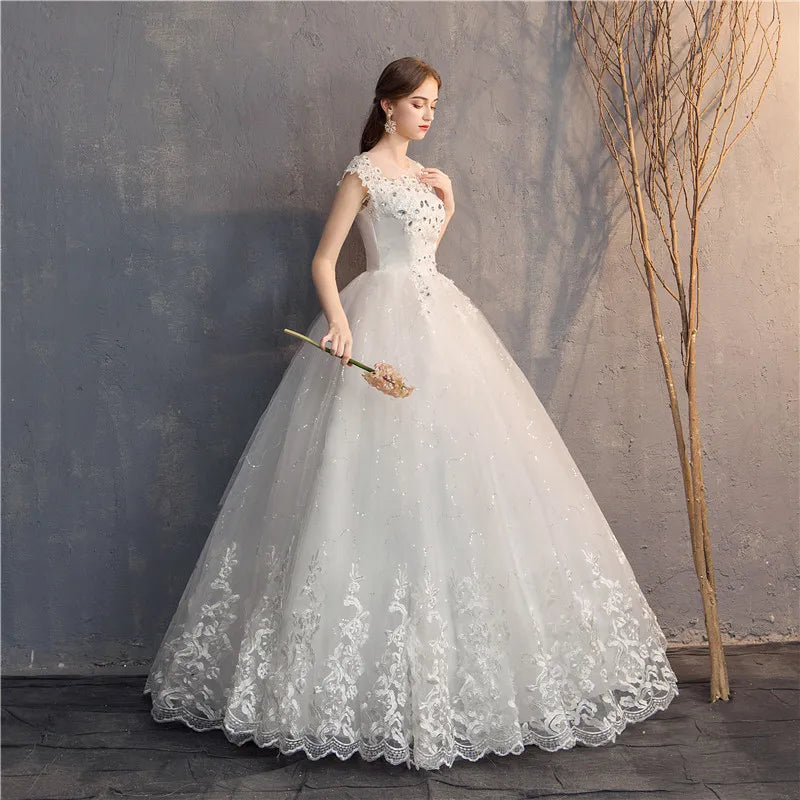 Ezkuntza 2024 Diamond Wedding Dress O-Neck Beading Ball Gown Simple Cheap Wedding Dresses Princess Vintage Wedding Customized - My Store