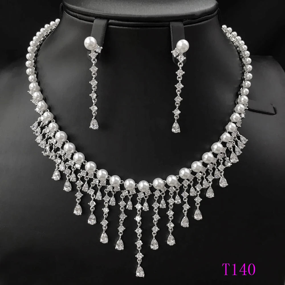 Xuping Rhodium Plated Fashion Design Women Wedding Jewellery Zircons Two Pieces Pearl Jewelry Set