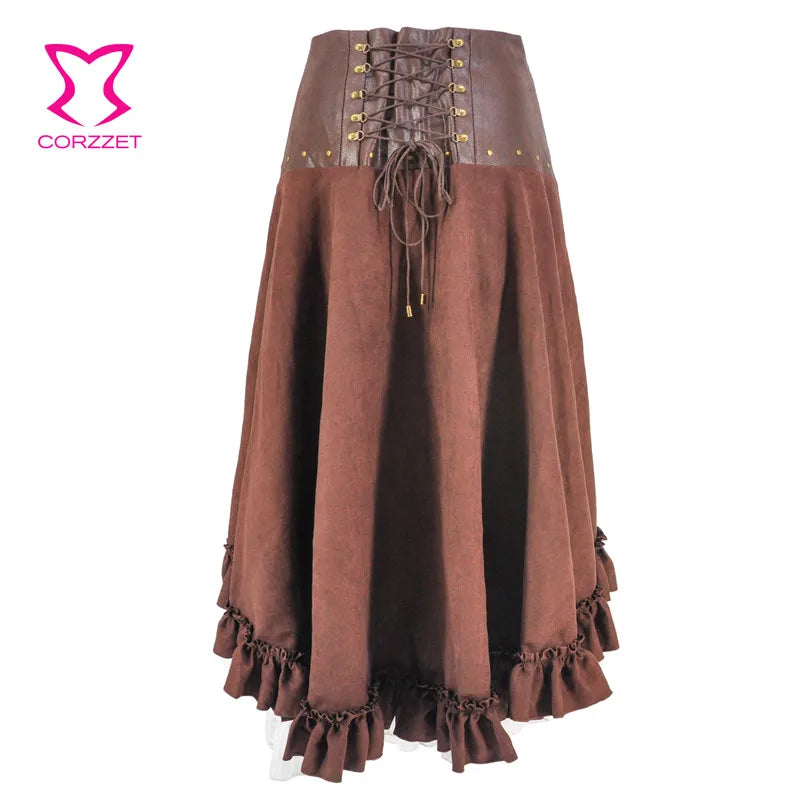 Steampunk Skirt Women Sexy Brown Leather Long Asymmetrical Ruffle Medieval Victorian Gothic Punk Skirts Lolita Ladies Skirts