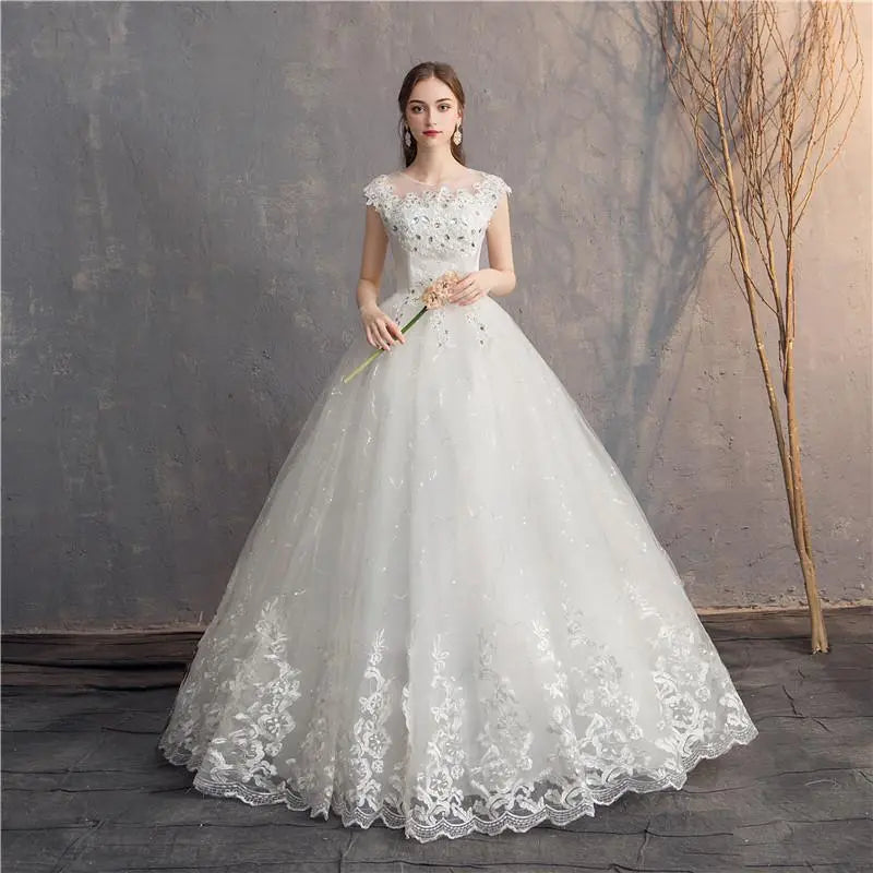 Ezkuntza 2024 Diamond Wedding Dress O-Neck Beading Ball Gown Simple Cheap Wedding Dresses Princess Vintage Wedding Customized - My Store