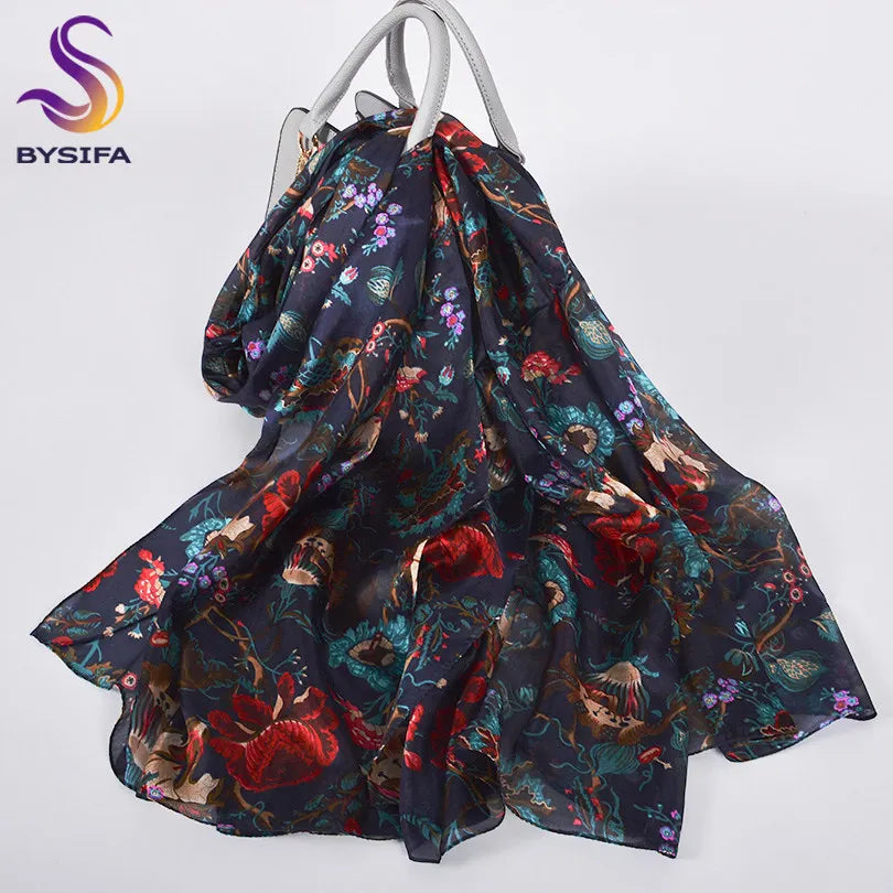 White100% Silk Scarf Women Scarves Bufandas Summer Beach Shawls Foulard Fall Winter Brand Flower Design Long Neck Scarves Hijabs